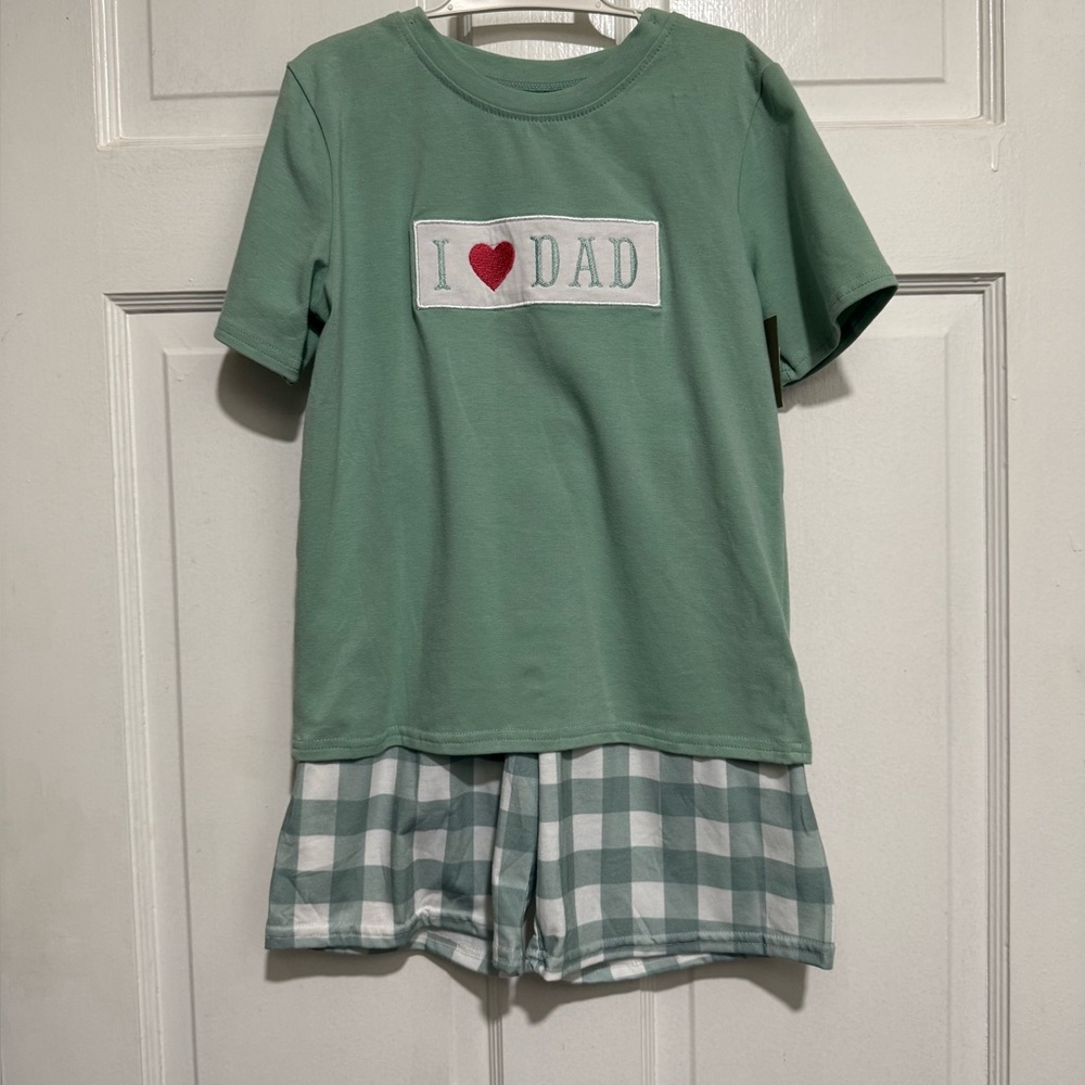 NEW 7-8 Boys I Love Dad Embroidered Shorts Green Gingham Fathers Day Outfit